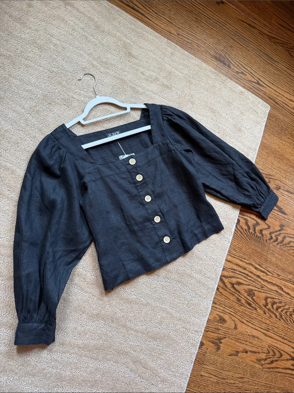 J. Crew Black Square-Neck Button Front Puff Sleeve Blouse In Linen